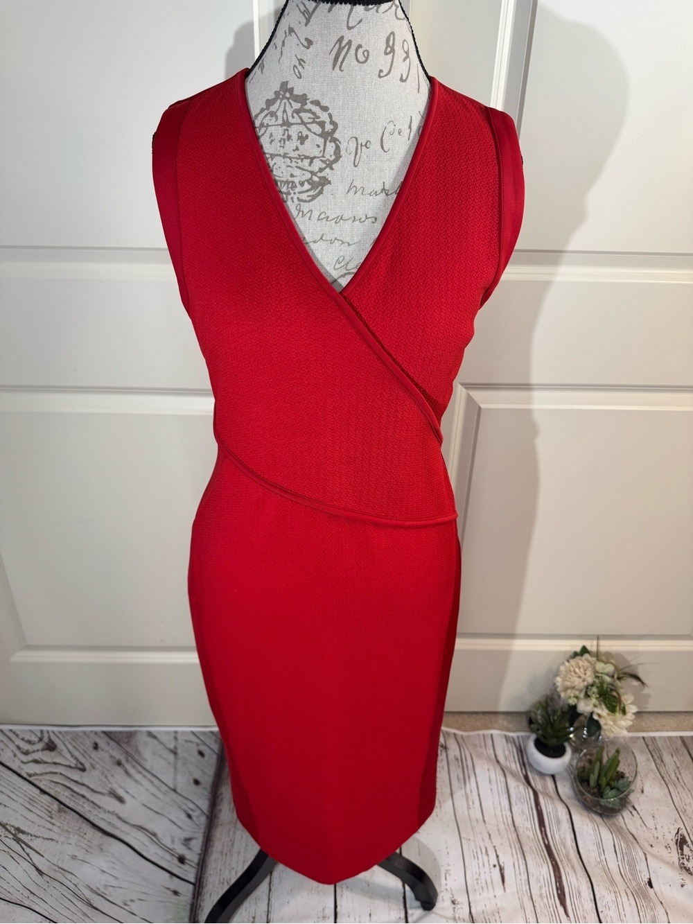 Spense Candy Apple Red Sleeveless Faux Wrap-Front Bodycon Midi Dress 10 - Picture 1 of 7